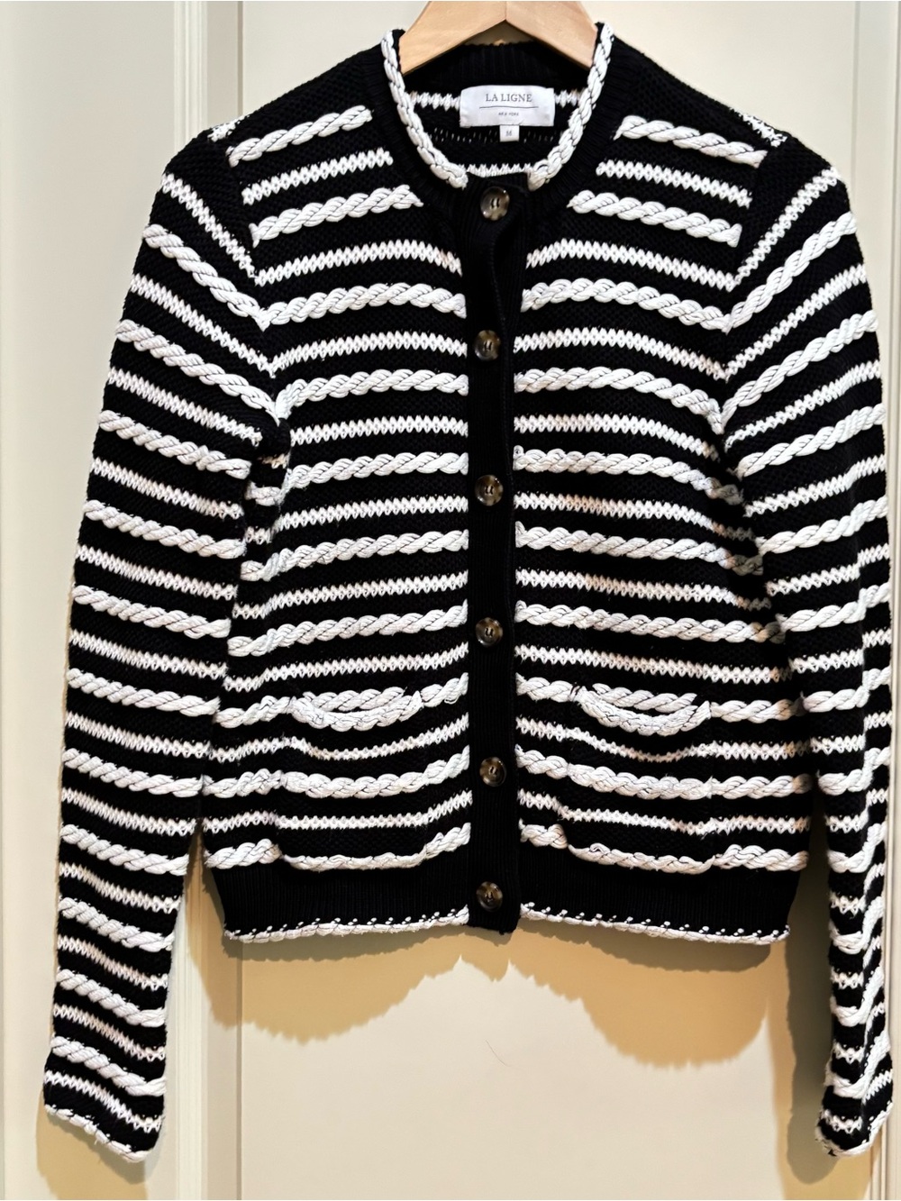 La Ligne Textured Braid Knit Sweater Cardigan Med Black White Striped Nautical